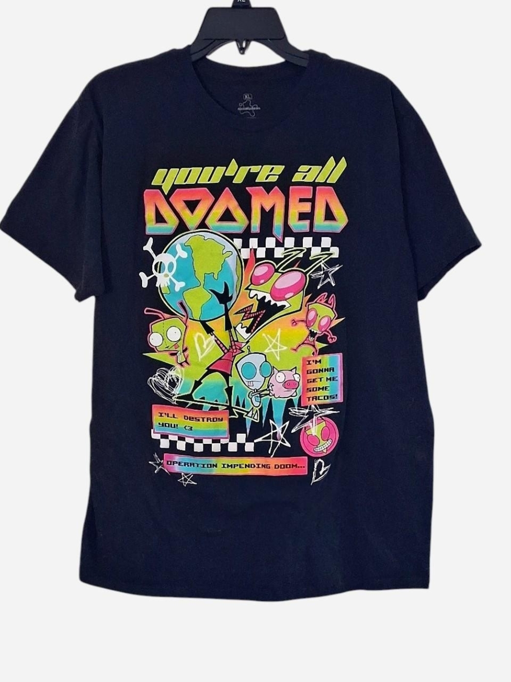 Black Tee with Neon Green, Pink & Yellow Pop-Art Graphic Invader Zim